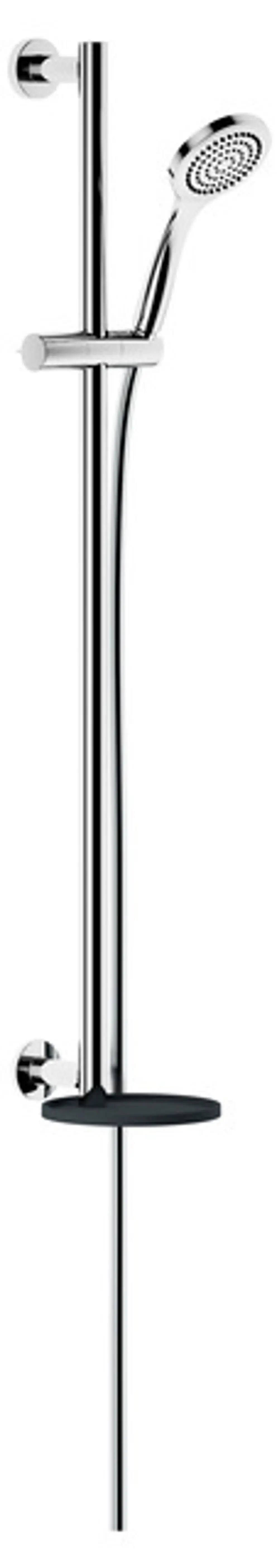 Brause-Set von Keuco mit verchromtem Halter und runder Handbrause. Enthält eine anthrazitfarbene Ablage zur Aufbewahrung.